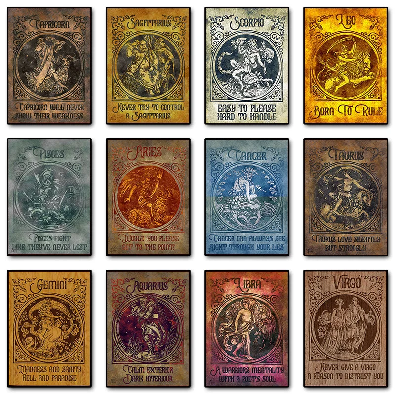 12 Western Zodiac Signs Vintage Horoscope Quotes Canvas Painting Witchcraft Poster Astrology Wall Art Pictures Home Decor