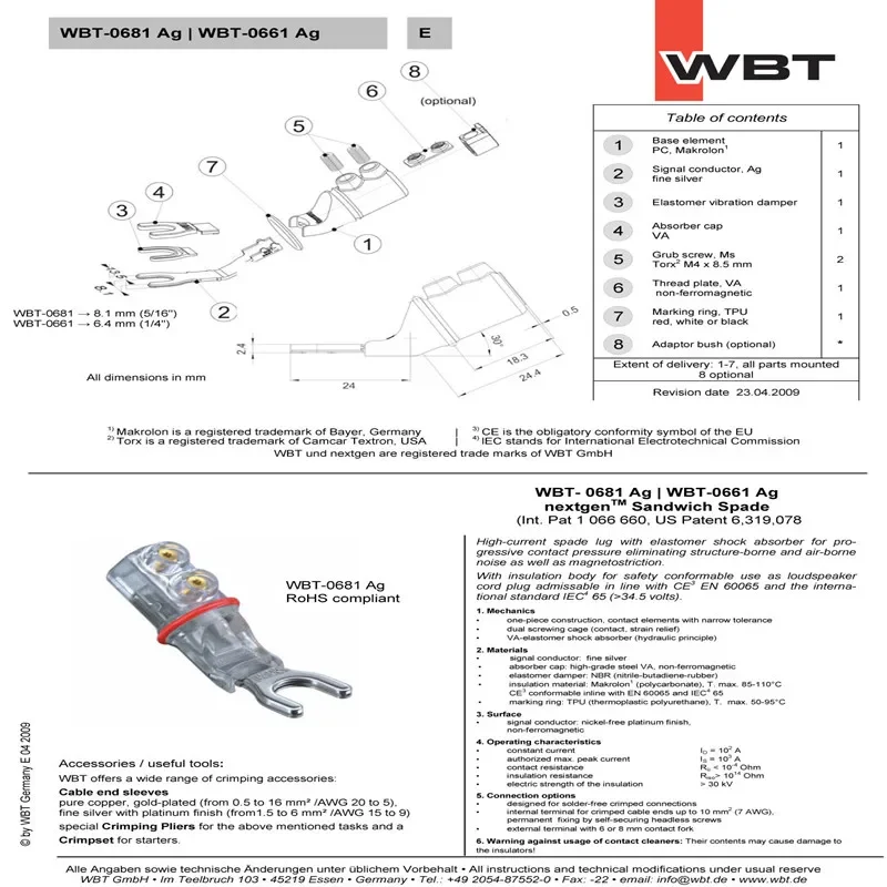 4 szt. WBT 0681AG srebrne bezpłatne spawanie Y Spade złącza wtykowe HiFi Audio wtyczka kabla głośnikowego