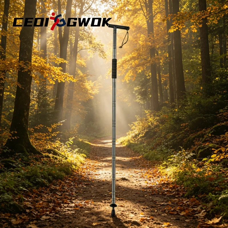 CEOI GWOK Compact Aluminum Trekking Pole Foldable T Handle Walking Stick Lightweight Hiking Climbing Gear for Outdoor