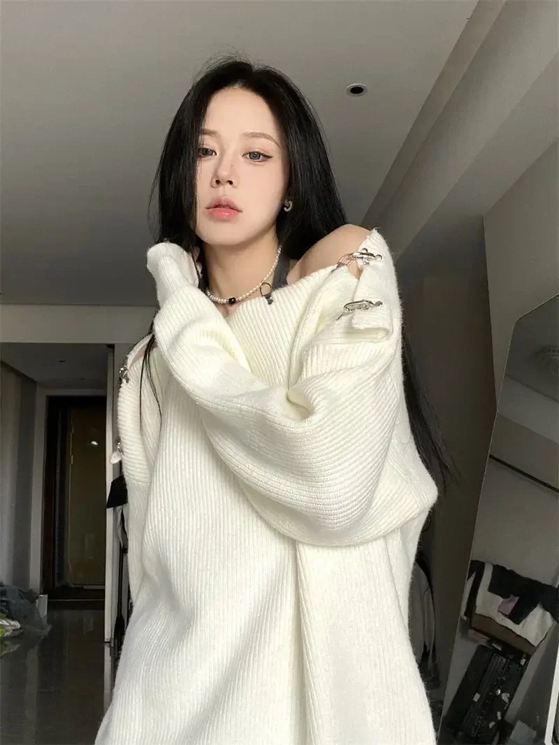 Sexy Off Shoulder Slash Neck Pullover Sweater Autumn 2024 Loose Casual Solid Jumpers Harajuku Vintage Fashion Y2k Tops Grunge