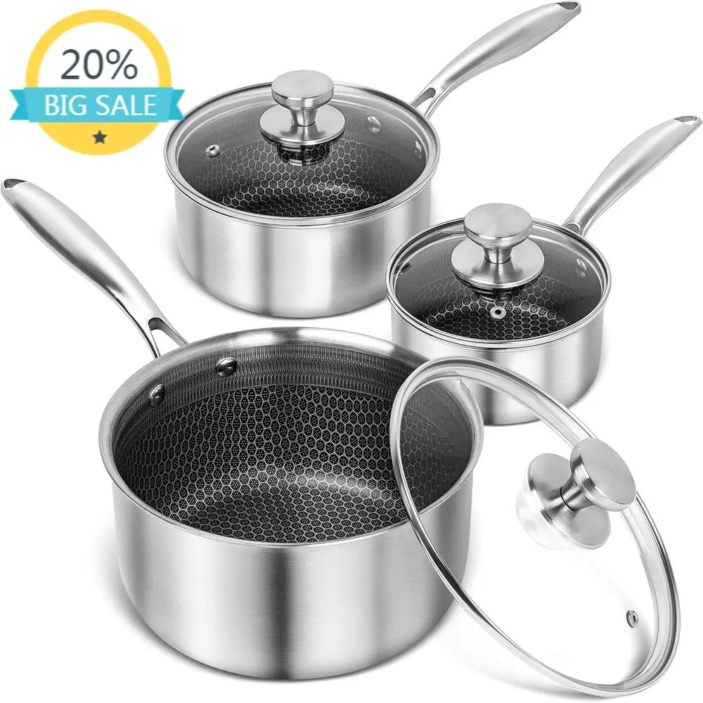 

Triple-Ply Stainless Steel Saucepan Set, 1-3 Quart Sizes, with Lids and Honeycomb Interior - 6-Piece Cookware