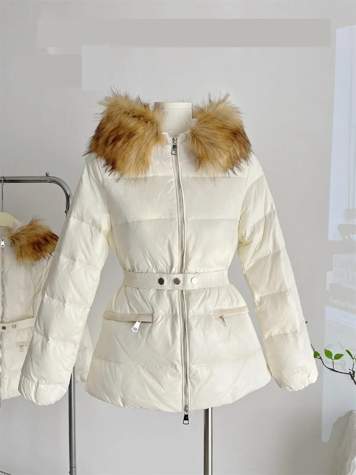 Women's Autumn Winter Thick Warm White Duck Down Coat Lady Faux Fur Hooded Long Sleeve Slim Down Padded Outwear Top