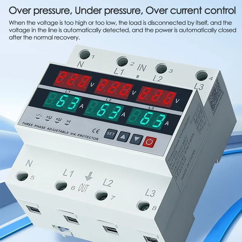

3 Phase 4 Wire 63A/100A Din Rail Adjustable Over Under Voltage Current Limit Protection Relay Protector Voltmeter Ammeter