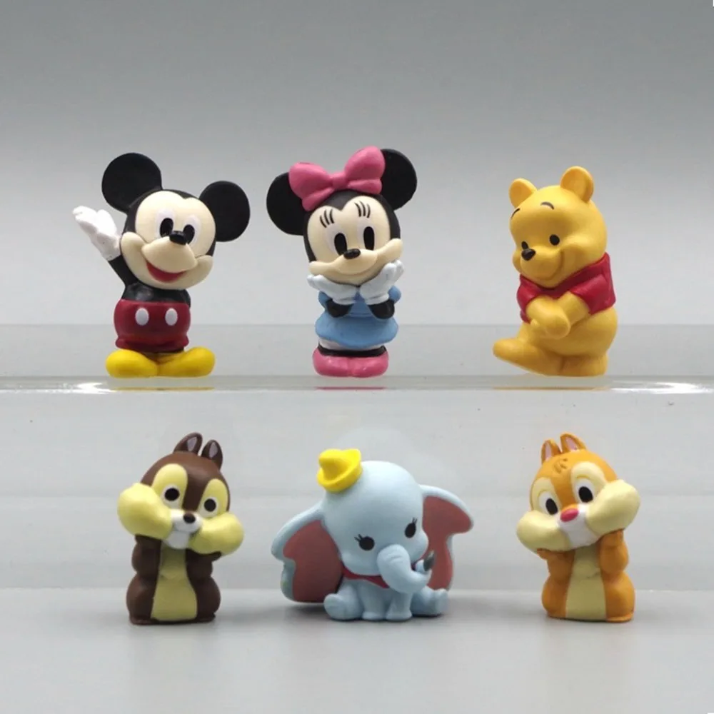 6pcs/set Disney Cute Mickey Mouse Mini Action Figure Winnie the Pooh Dumbo Kawaii Cartoon Ornament Model Toy Kids Xmas Gift