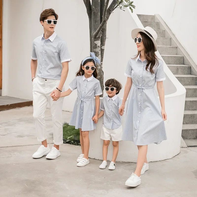 Mother Daughter Shirt Dresses Striped Blouse Mommy and Me Clothes Mom Son Outfits Family Matching Clothing Tee Shirts for Dad