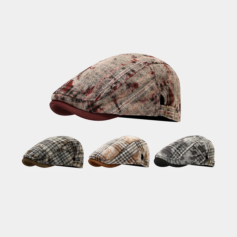 

New Women Tie Dye Plaid Forward Hat Autumn Winter Maillard Style Fashionable Painter Hat Backwards Male Female Flat Beret Caps
