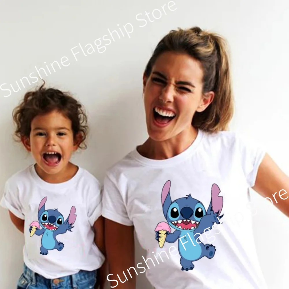 Family Look Disney Stitch T Shirt Mother and Kids Matching Outfits Fashion Streetwear Mom and Daughter Son Family Clothes Tops