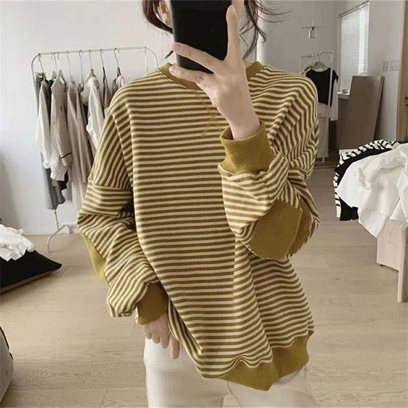 New Women Trendy Striped Patch Design Streetwear Oversized Y2K Sweatshirts Autumn Female Casual O Neck Long Sleeve Pullover Tops