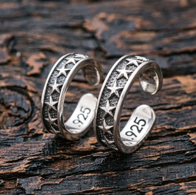 

S925 Sterling Silver Japanese and Korean Personality Trendy Couple Ring Star Ring Joint Ring Women's Simple Retro Men's Ring