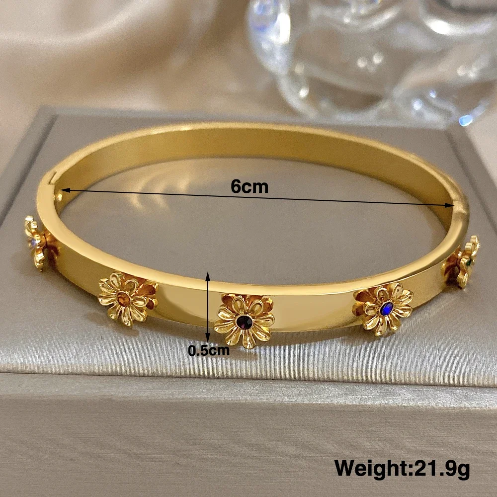 Fashion Stainless Steel Flower Inlay Rhinestone Wrist Cuff Bangles Bracelets For Women Men Chic Waterproof Charms Jewelry Gift view 6