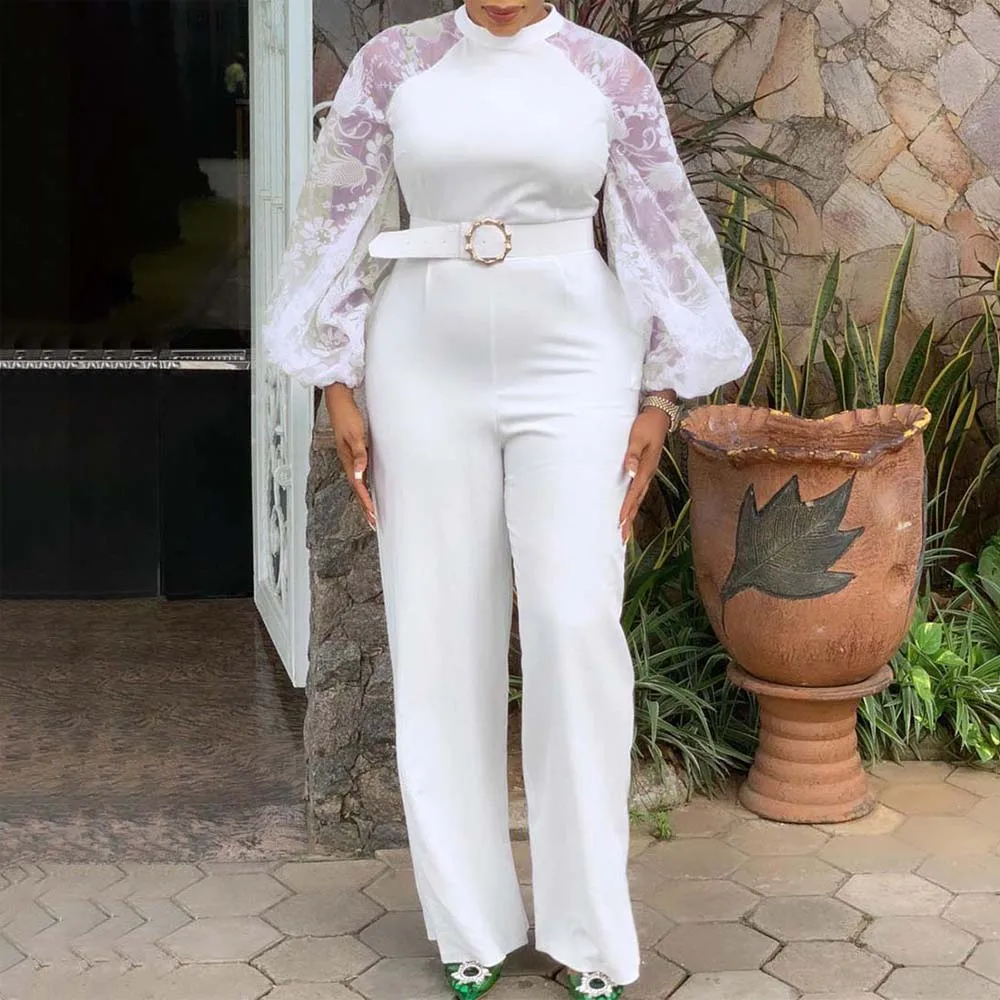 

Elegant Jumpsuits & Rompers for Women O Neck Transparent Sleeve Belt Waisted Straight Luxury Birthday Party Dinner Outfits Cloth