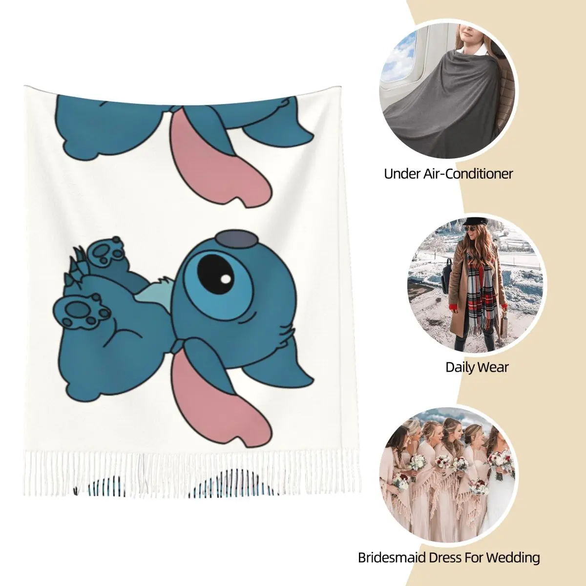 ليلو وغرزة غرز جلوس شالات يلف للنساء ، وشاح طويل ناعم ، باشمينا كارتون لطيف ، أوشحة دافئة ، شتاء #4