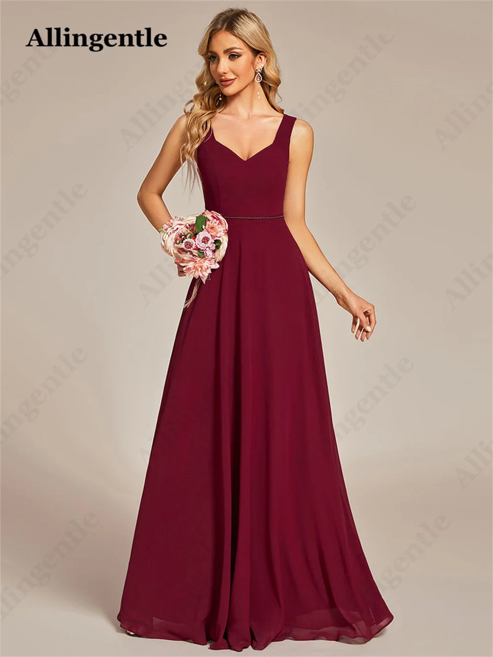 Allingentle Burgundy Elegant Bridesmaid Dress Backless Bow Design Sleeveless A-Line Prom Formal Gowns Floor Length Custom Made