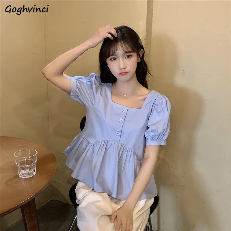 Blouses Women Summer Puff-sleeve Pleated Ruffles Square Collar Sweet Girls All-match Students Kawaii Korean Style Chic Bousas