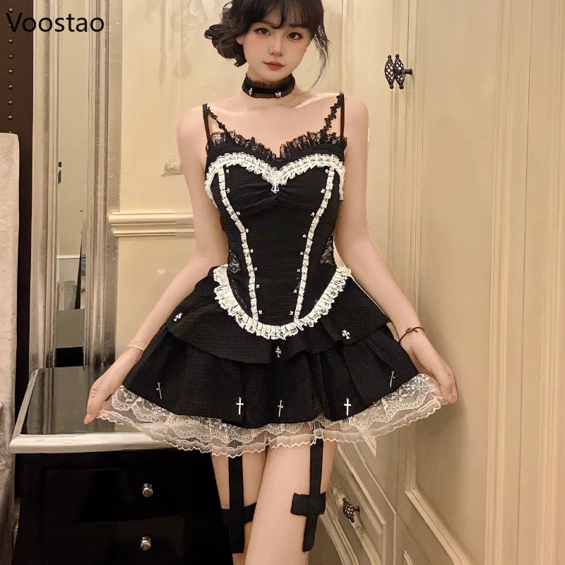 

Japanese Gothic Y2k Skirt Set Women Sexy Lace Ruffles Camisole Tank Tops Mini Cake Skirt Suit Hottie Girls Vintage Fairy Outfits