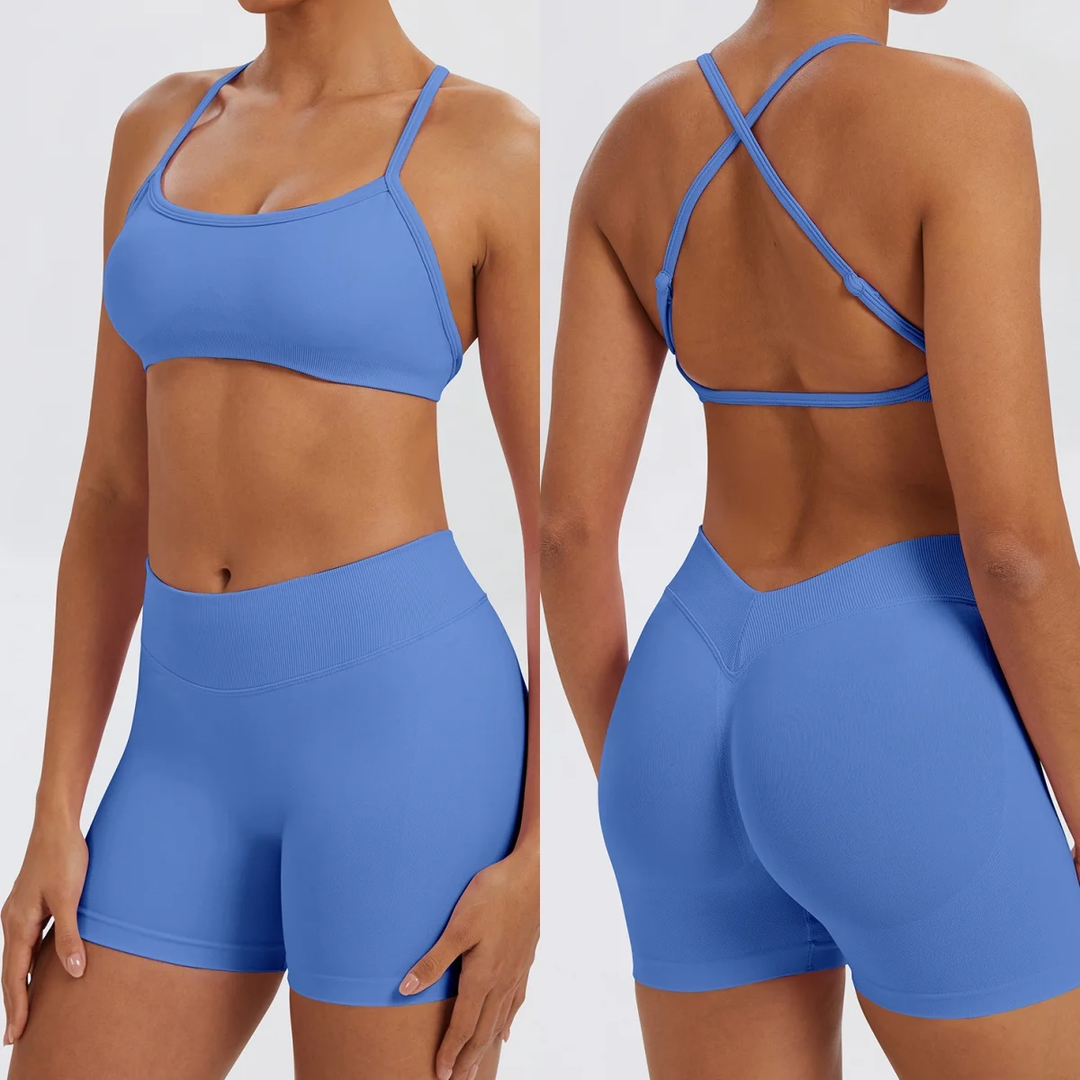 Seamless Peach Butt Yoga Suit High-waisted Tummy-tightening Buttocks Shorts Push-up Backless Sports Bra Training Fitness Set