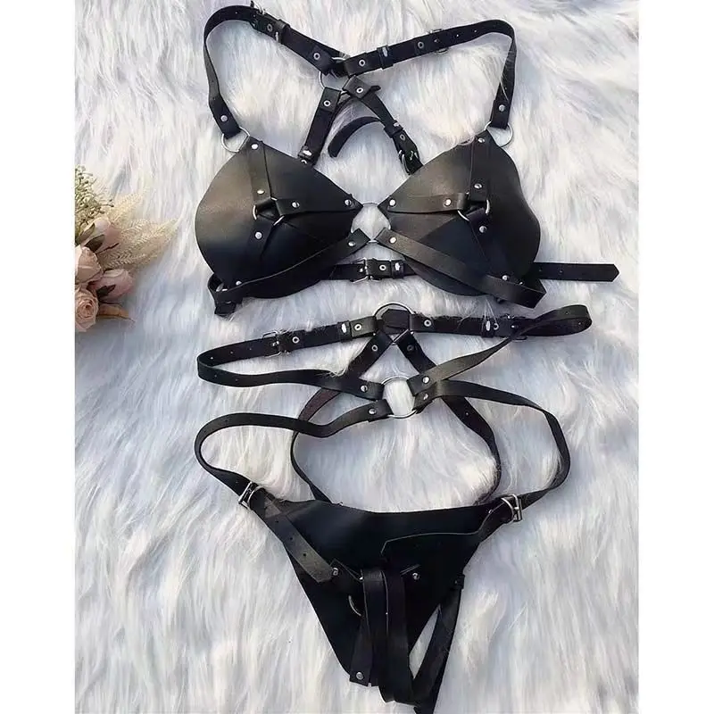 Women Sexy Body Harness Belt Set PU Leather Lingerie Adjustable Bra & Panty Gothic Punk Outfit Nightclub Rave Party Costume