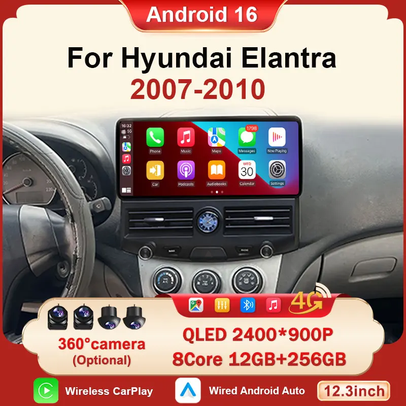 

12.3 Inch Android 16 Car Radio Wireless CarPlay For Hyundai Elantra 2007 - 2010 Navigation GPS Multimedia Bluetooth Video Player