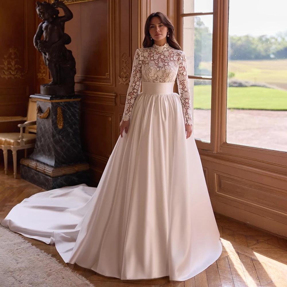 Robe de mariée trapèze élégante, col haut, jupe en Satin et dentelle, robe de mariée personnalisée à manches longues