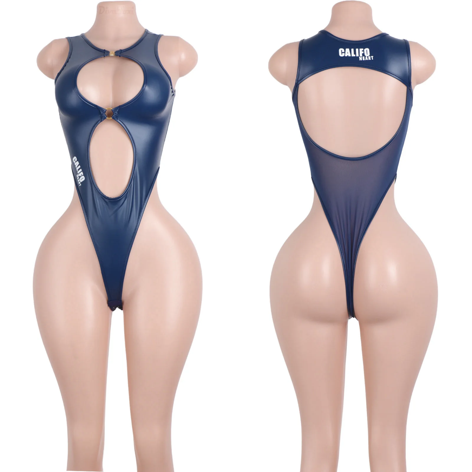 Patent Leather Cutout Thong Bikini Halter Top Stripper Outfits Dancewear Exotic One Piece Sexy Nightclub Bodysuits Rave Clothes
