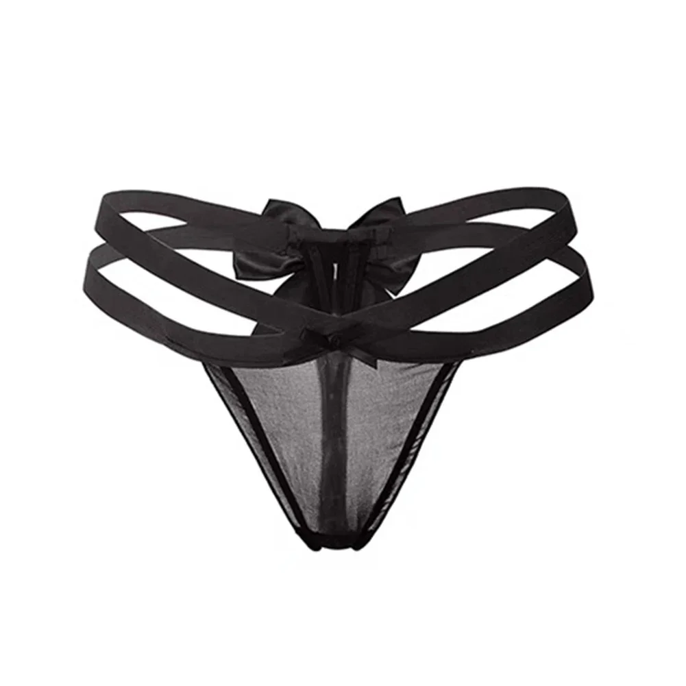 Sexy Lingerie Cross-Strap Women Thong Big Bow See Through Panties Mesh Temptation T-Pant Low Rise Underwear Breathable Briefs