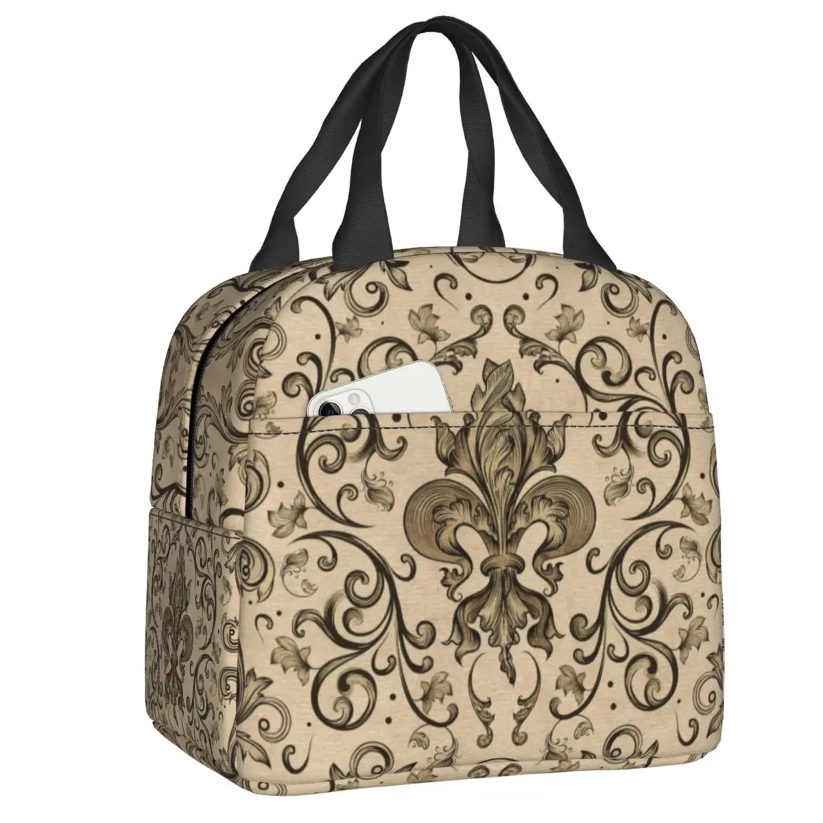 

Vintage Fleur De Lis Thermal Insulated Lunch Bags Women Lily Flower Fleur-De-Lys Lunch Tote for Outdoor Camping Travel Food Box