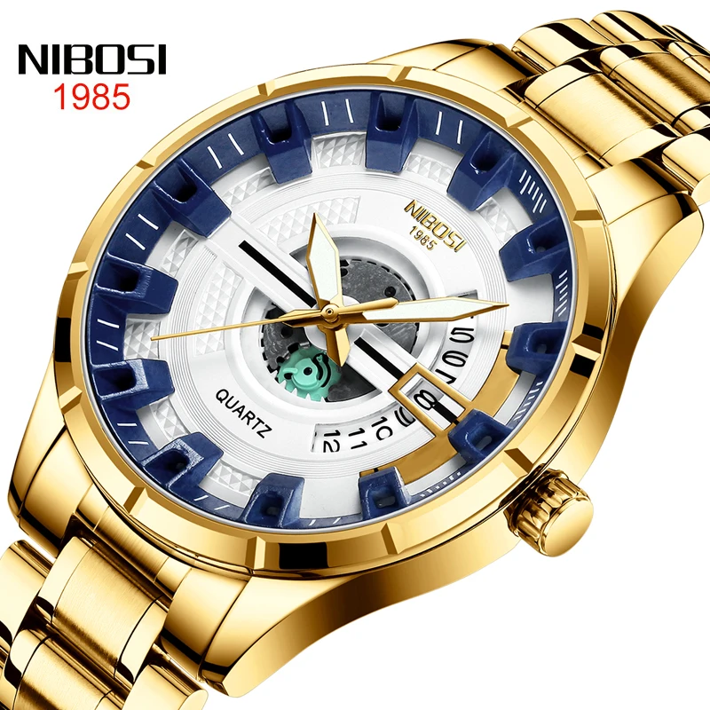 

NIBOSI Luxury Gold Strap Personalized Men Quartz Watch 2023 New Fashion Rolling Calendar Design Men Clock 30M Waterproof Reloj