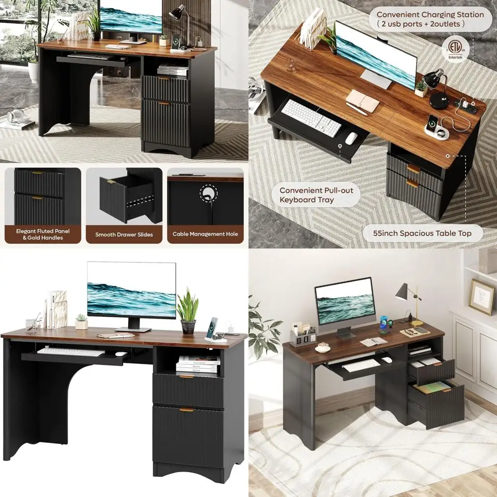 

55 Walnut & Black Office Desk with Power Outlet and Single-Sided Drawers