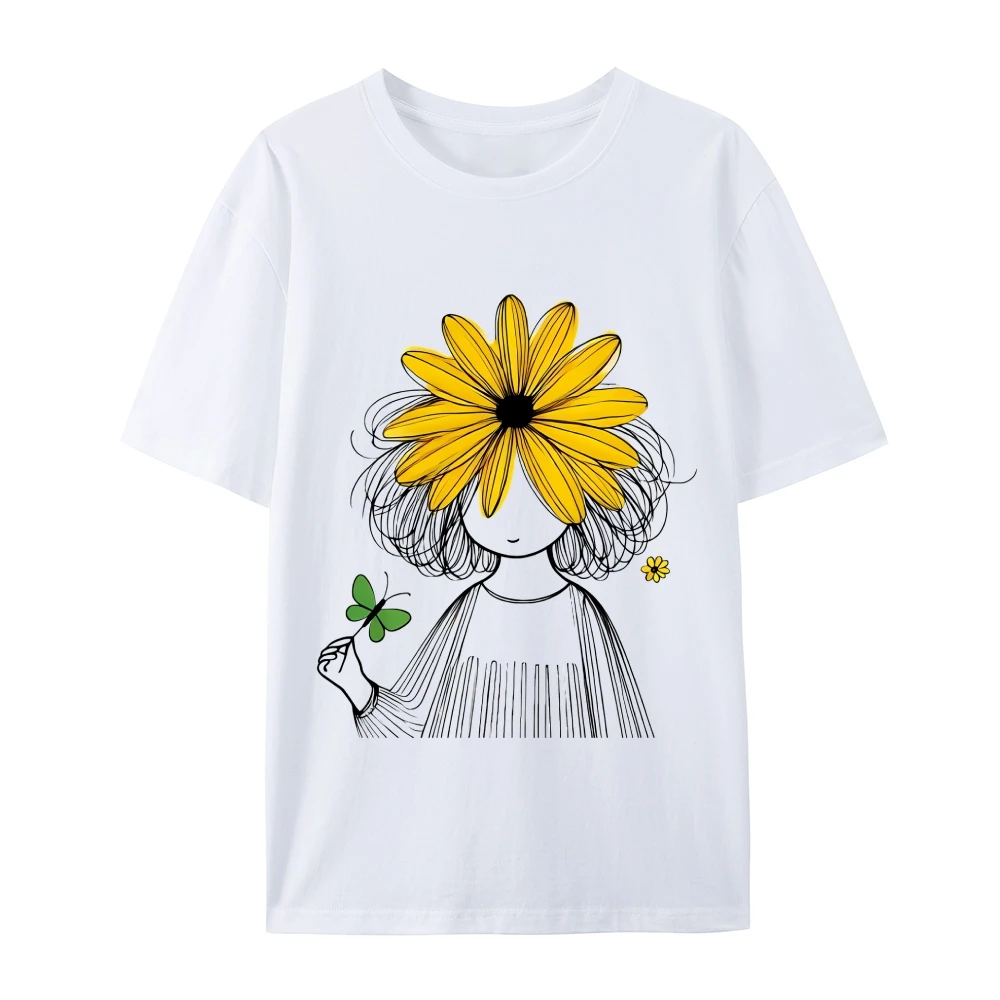 

Cute Doodle - Style Design with a Butterfly & Small Flower Tee ,Playful & Charming, Soft Fabric for Sweet Casual Looks