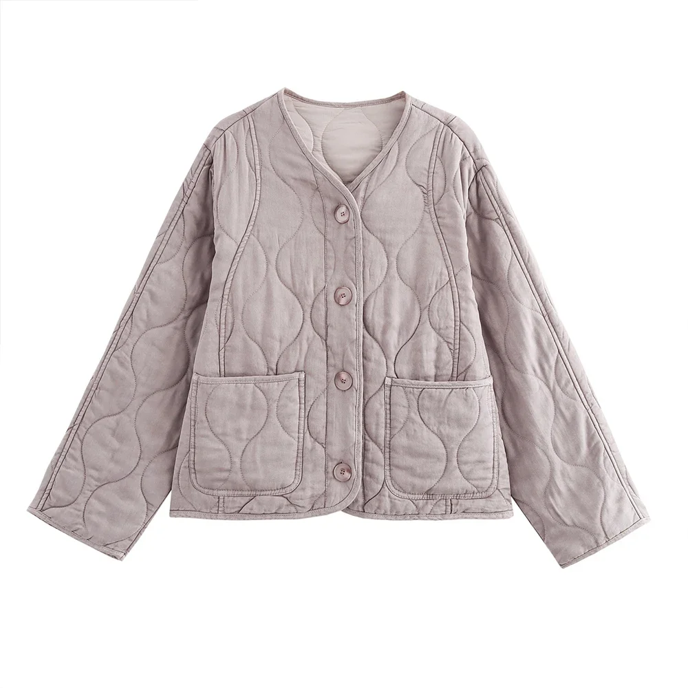 

Easy Match Light Pink V Neck Long Sleeves Single Breasted Pocket Design Women Short Loose Solid Quilting Coat New