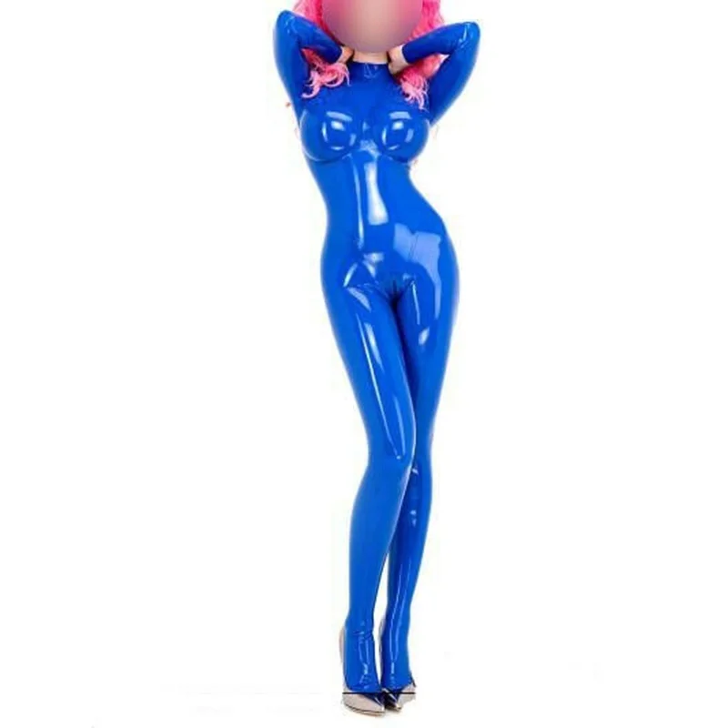 

100% латексный чистый синий спортивный костюм-кошка Gummi, комбинезон для косплея с объемной грудью, комбинезон, приятный для кожи, с застежкой-молнией сзади, 0,4 мм