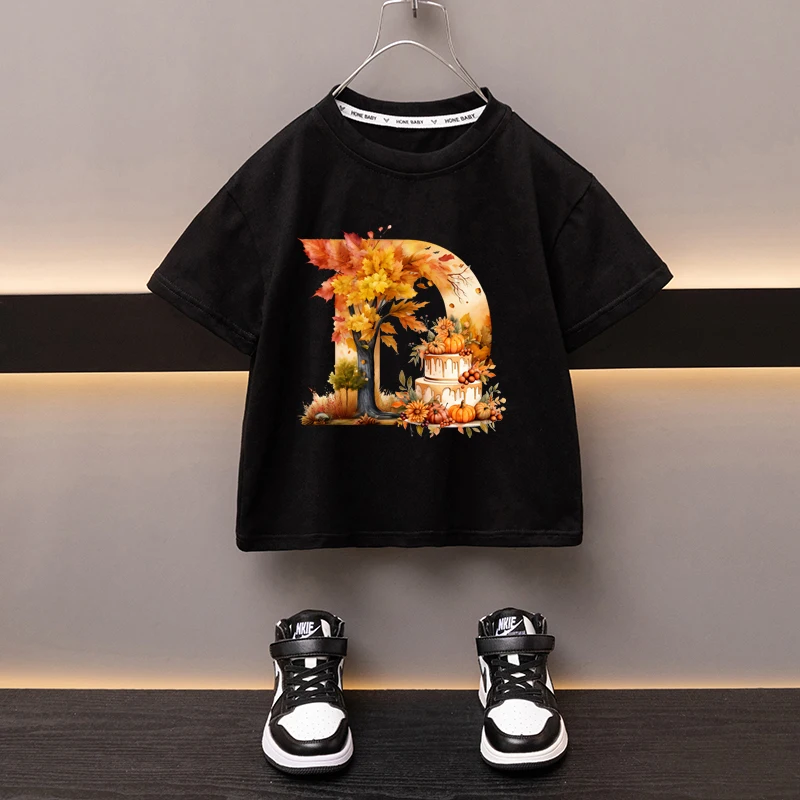 Maple Leaves Letter D Children T-shirt Kawaii Clothes for Girls T Shirt Anime Cartoons Casual Kid Boy Short Sleeve Tops New 2024