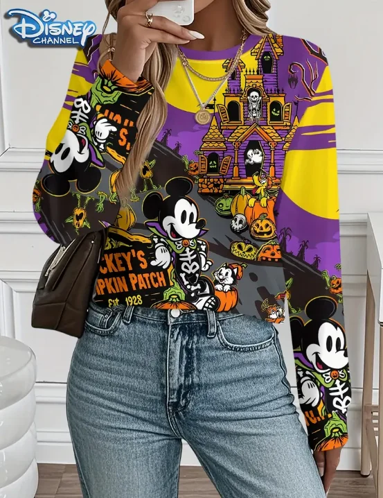 

Women's Disney Mickey Mouse Print Long Sleeve T-shirt Vintage Korean Harajuku Y2k Aesthetic Oversize Graffiti Print Long-sleeve