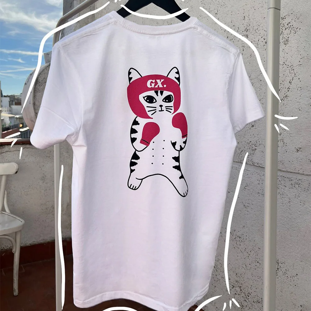 Funny Boxing Cat Printing Female Short Sleeve T Shirts Summer Short Sleeve Loose Cotton Tops Tees Crewneck Fashion Tshirt