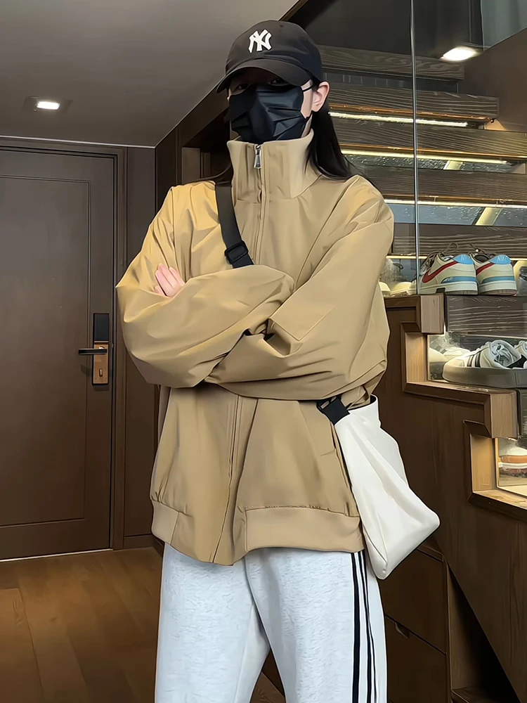 

Khaki Vintage Pilot Jaet Men's Spring Autumn Stand Collar Windproof Waterproof Outdoor Fce Lined Long Sve Zipper Closure