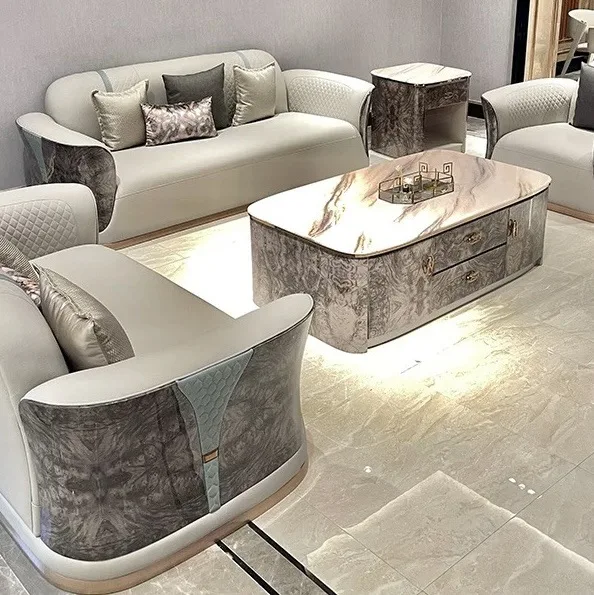 Italian leather sofa living room combination Hong Kong-style light luxury style   apartment high-end villa model room furniture