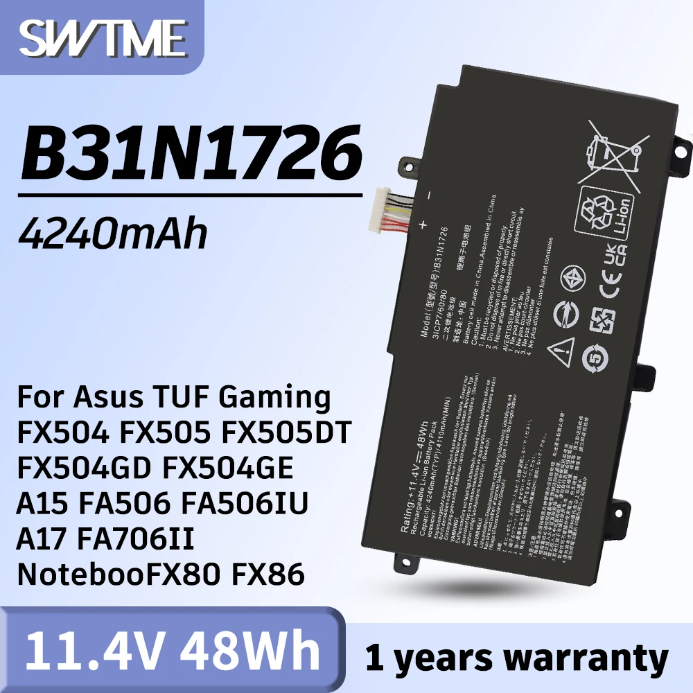B31N1726 Battery for Asus TUF Gaming FX504 FX505 FX505DT FX504GD FX504GE FX504GM A15 FA506 FA506IU A17 FA706II NotebooFX80 FX86