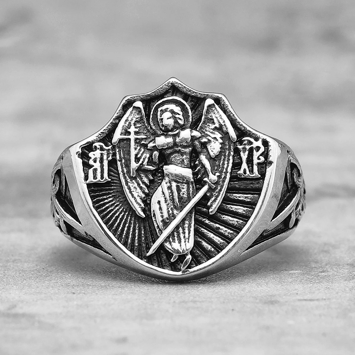 Archangel St.Michael Religion Amulet Stainless Steel Mens Rings Punk for Male Boyfriend Biker Jewelry Creativity Gift Wholesale