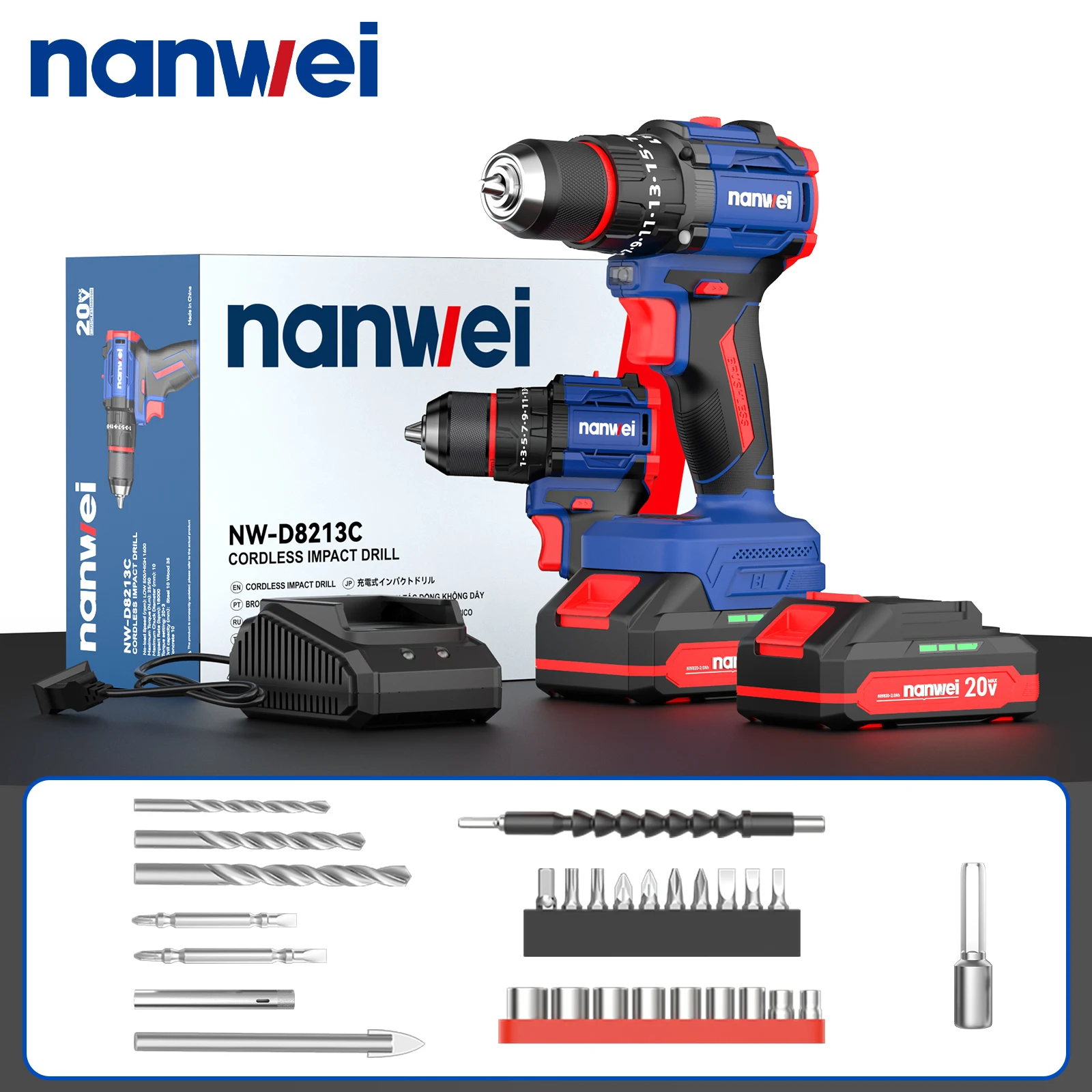 

Nanwei Power Tools 20 В литий-ионный бесщеточный аккумуляторный ударный дрель для домашнего мастера 50 Нм Мощное и эффективное сверление 20+3 настройки скорости