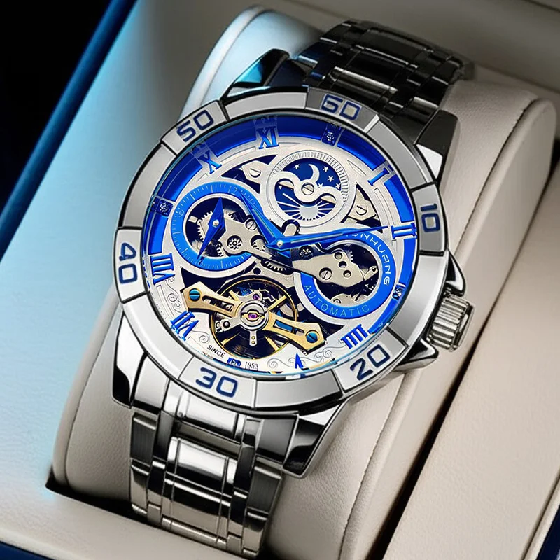 KunHuang Original Men's Automatic Mechanical Moon Phase Watch Stainless Steel Skeleton Waterproof Fashion Wristwatch For Man
