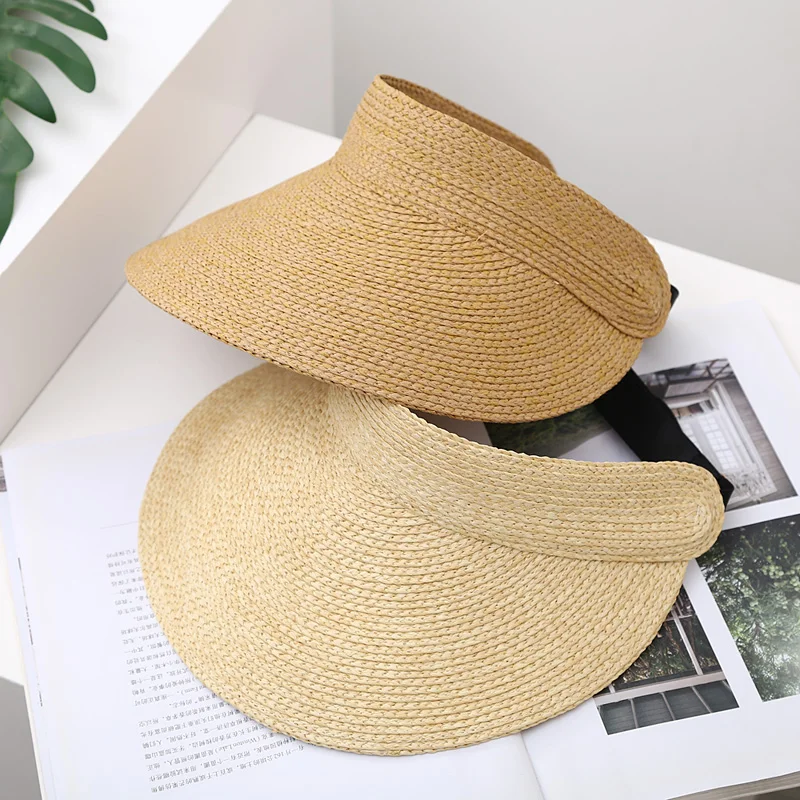 Empty Top Raffia Straw Hats For Women Korean Fashion Empty Top Riding Sun Hat Foldable Wide Brim Beach Visor Hat Sombrero Mujer