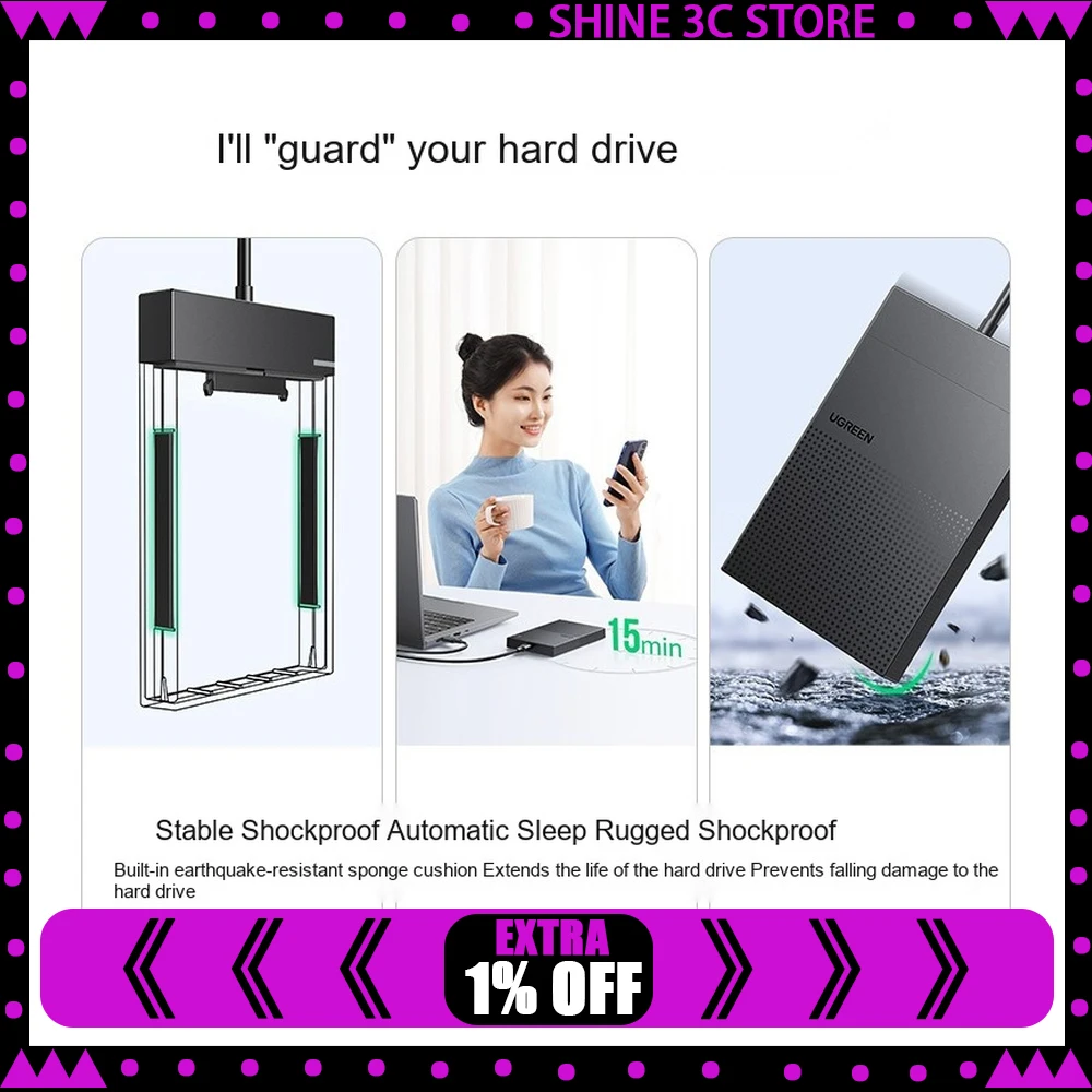 UGREEN 30719 CM471 2.5 Inch SATA HDD Enclosure USB 3.0 Built-in Cable 5Gbps External Hard Drive Case