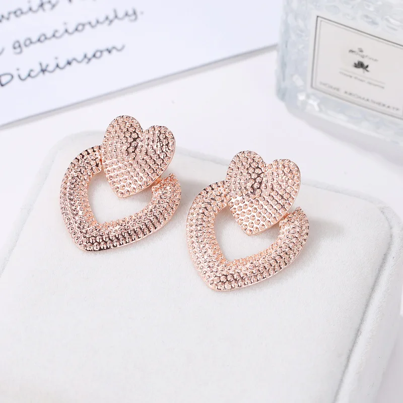 2022 New Gold Color Big Hollow Double Heart frosted Stud Earrings For Women Korean Daily Life Fashion Statement Jewelry