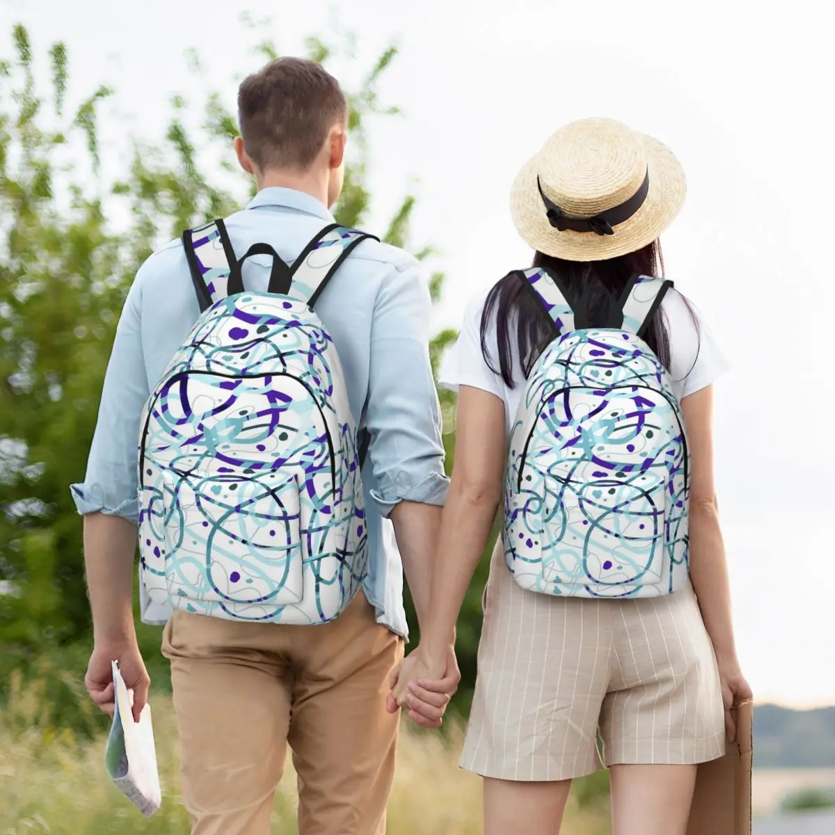 Blue Purple Abstract Line Art Modern Doodle Backpack Student BookBag Kids School Bag Computer Shoulder Bags for Boys Girls