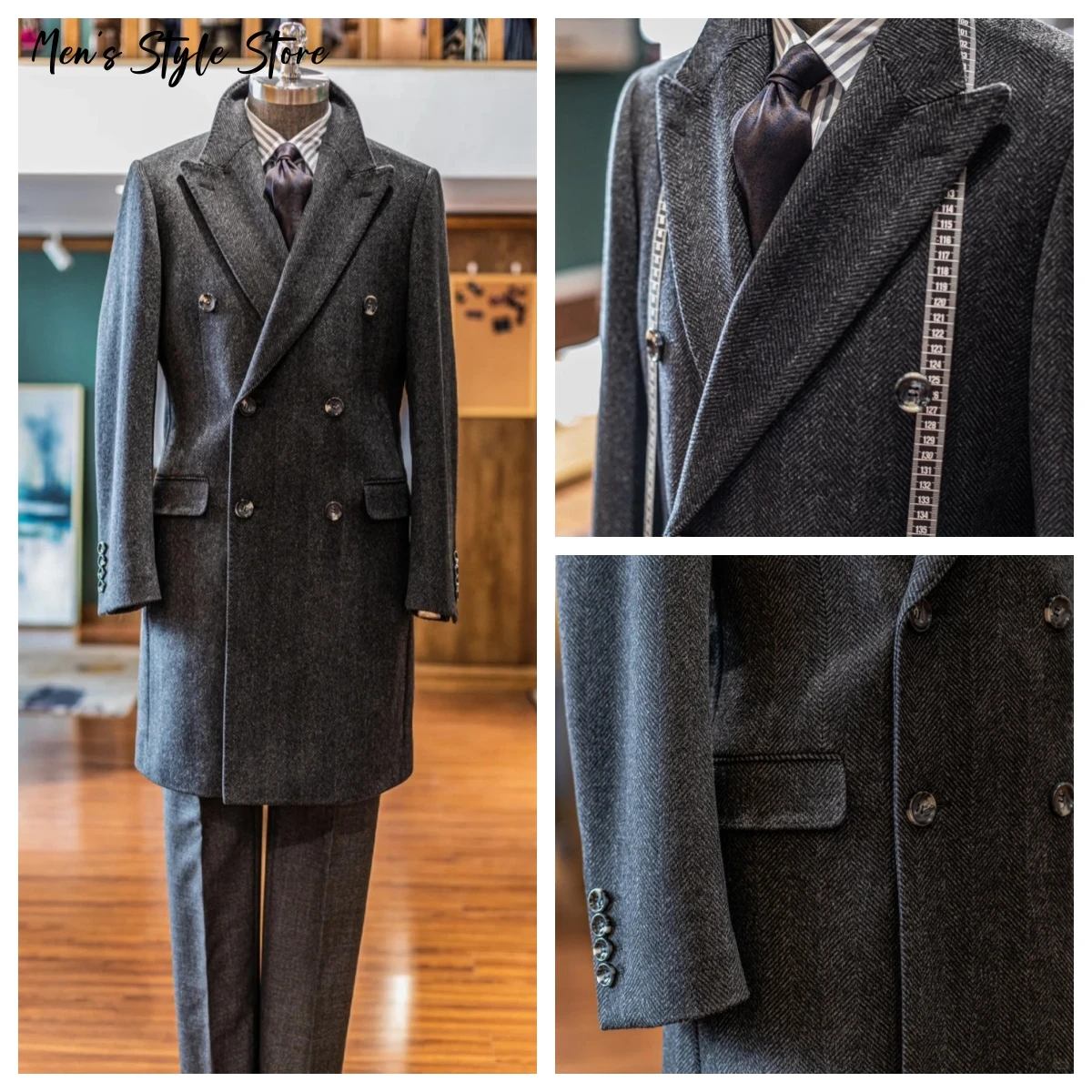 Outono inverno moda chesterfield casaco masculino espinha de peixe tweed duplo breasted meados de comprimento terno quente jaqueta mistura de lã casaco