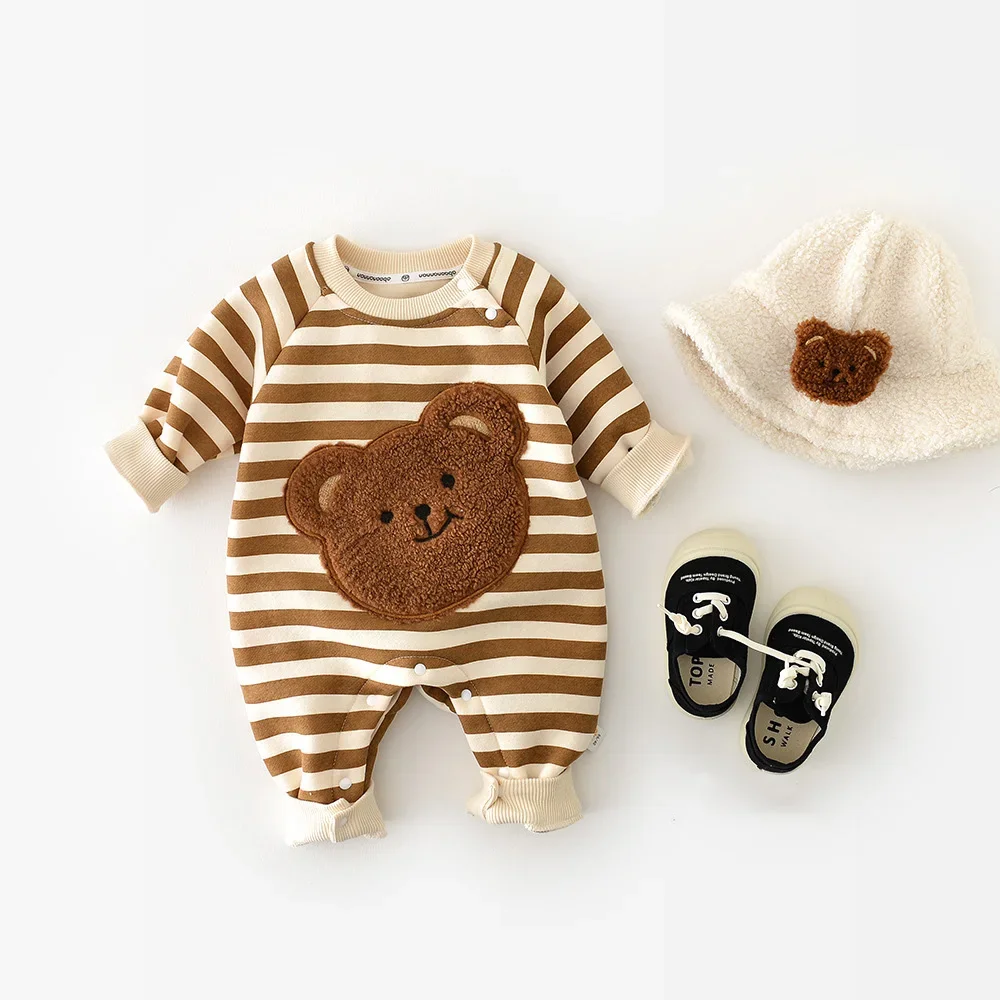 Spring Baby Rompers Thicken Lining Boys Jumpsuits Cartoon Bear Stripes Outfit