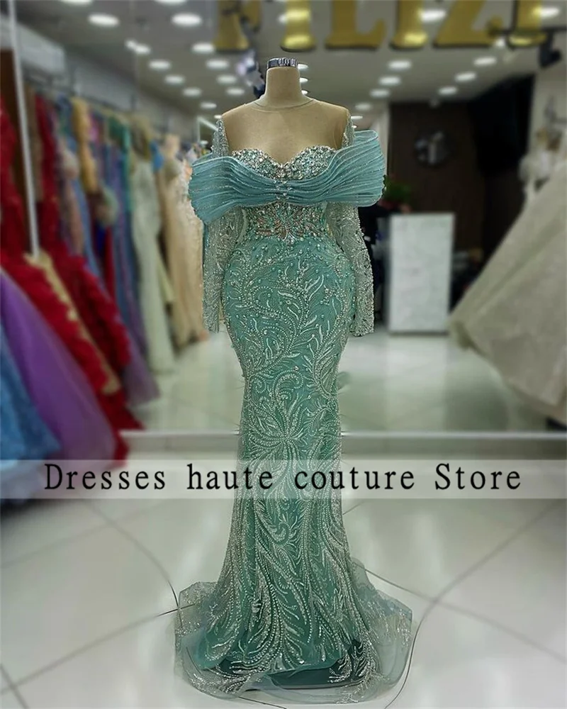 Sky Blue Arabic Crystals Mermaid Evening Dresses 2024 Glitter Detachable Train Pearls Wedding Party Dress Prom Dress