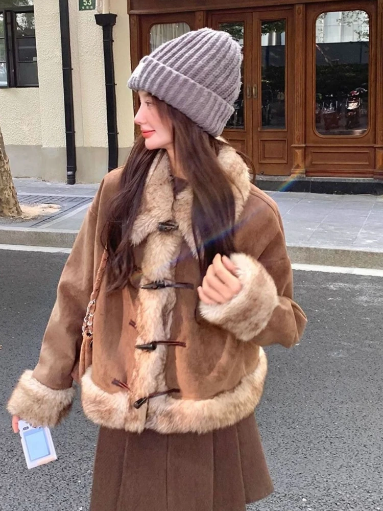 

Винтажная куртка из искусственного меха в американском стиле, пальто Harajuku, элегантное теплое пальто, верхняя одежда, корейская модная повседневная одежда, женская шикарная одежда