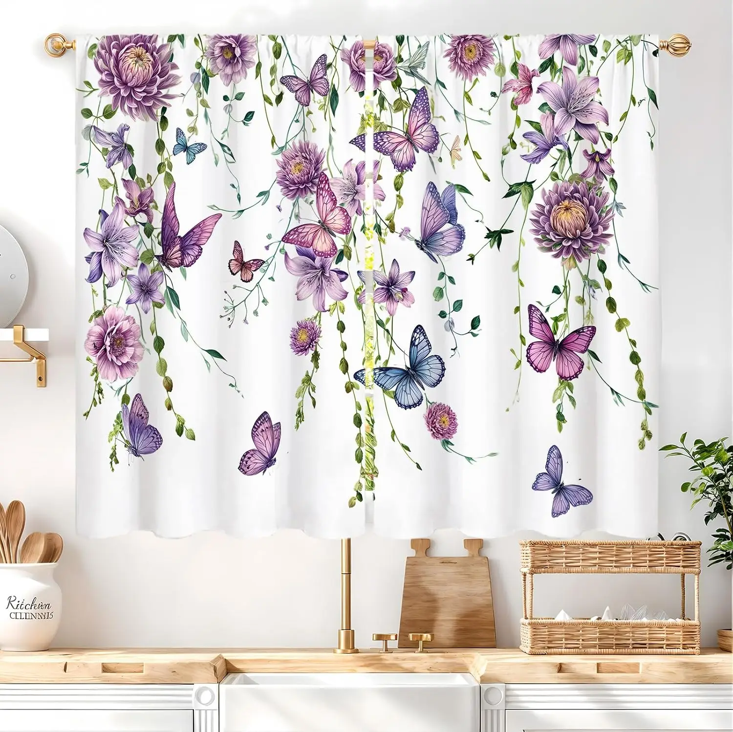 Purple Butterfly Kitchen Curtain 2 Panel Rod Pocket Lilac Floral Lavender Spring Floral Summer Farmhouse Simple Leaves Small