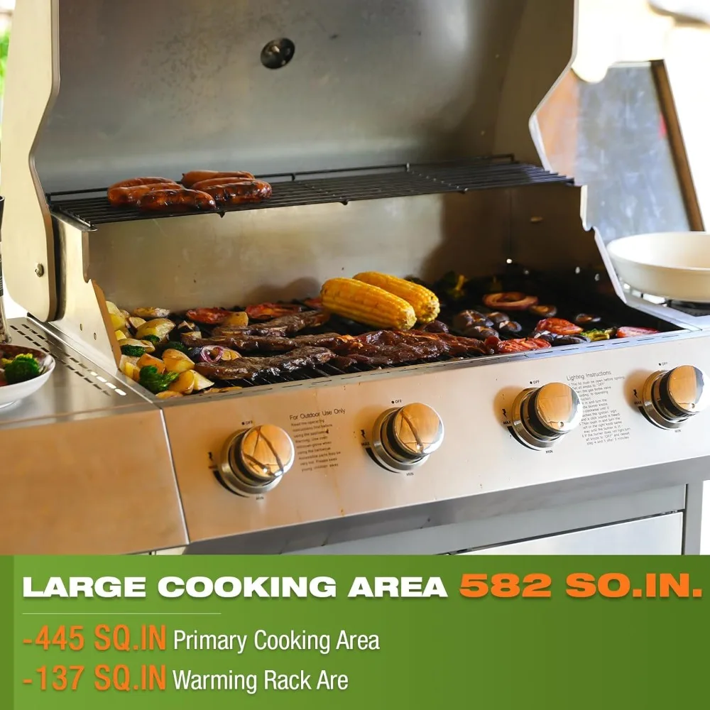 4 Burner Propane Gas Grill, 60,000BTU, Stainless Steel Gas Grill with Built-in Thermometer & Side Burner,Ideal BBQ Grill